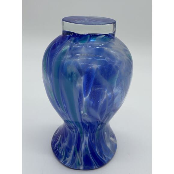 Hand Blown Art Glass Blue Swirl Clear Footed Vase 5.5” Tall - Picture 5 of 5